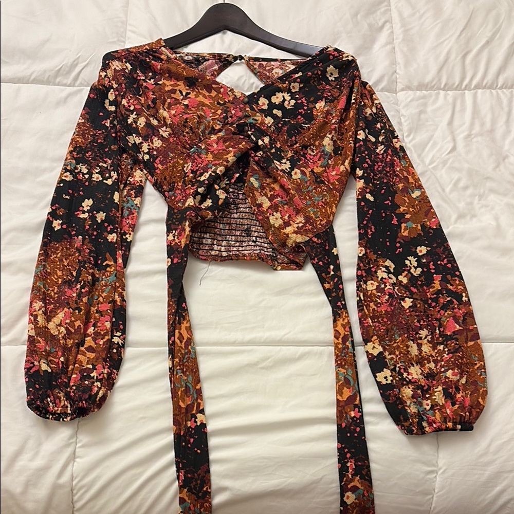 Anthropologie Black and Orange Crop Tie Front Blouse